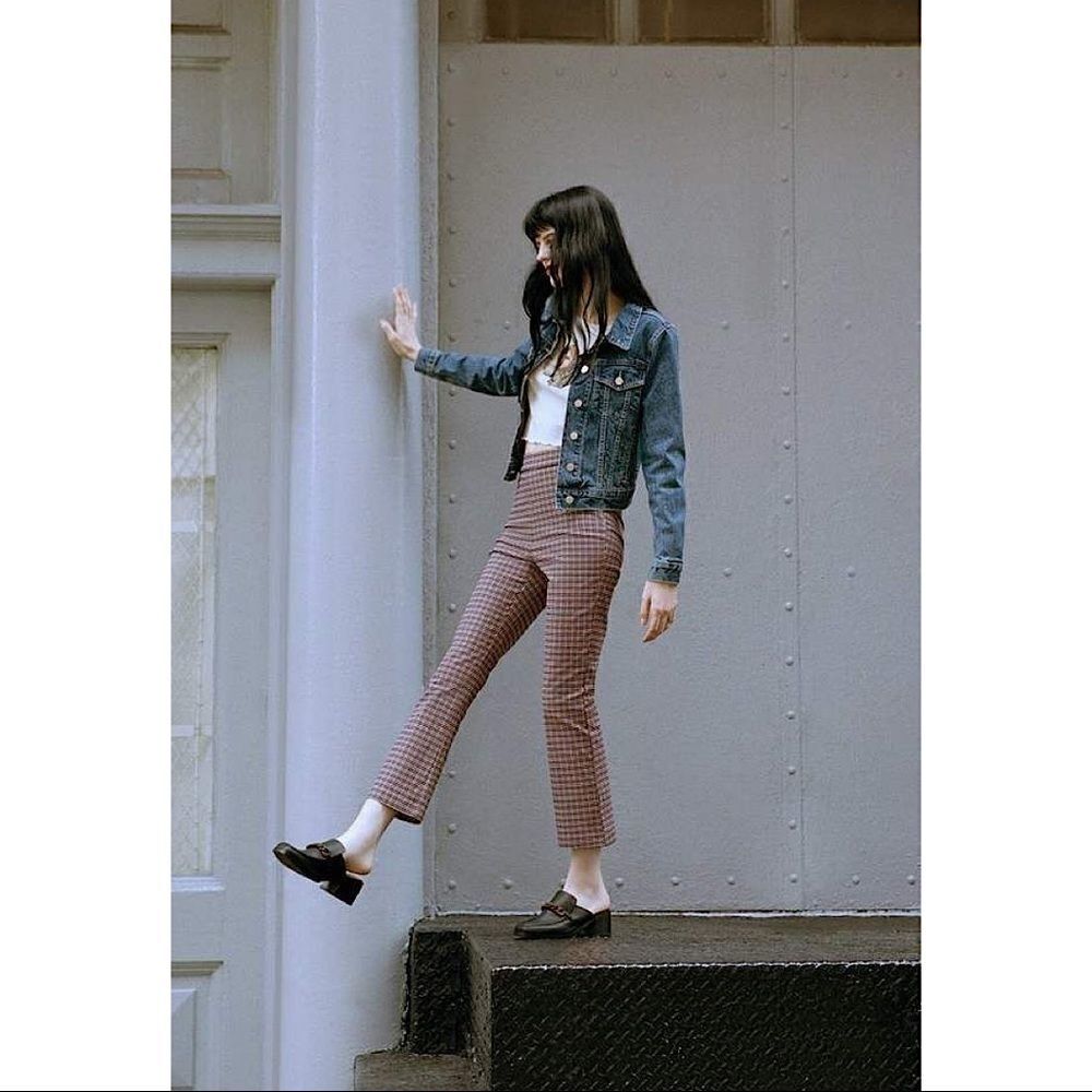 Urban Outfitters-Plaid Navy Pink Yellow Kick Flare Ankle High Rise Pants